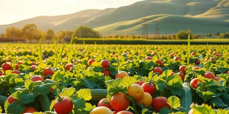 A sunlit field with vibrant vegetables and fruits growing among lush greenery.