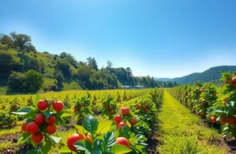 Photorealistic landscape of a sunlit field with vibrant vegetables and fruits, showcasing natural abundance.