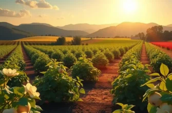 A tranquil landscape where vibrant fruits and vegetables flourish in natural sunlight, symbolizing healthy nutrition.