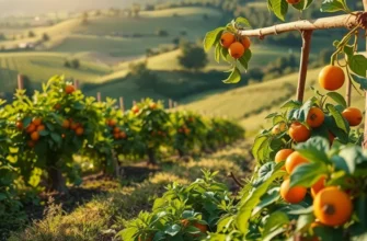A scenic view of a sunlit field filled with organic fruits and vegetables.