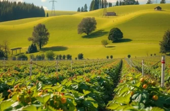 A tranquil scene of a sunlit field showcasing organic vegetables and fruits among lush greenery.