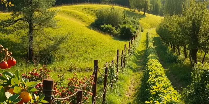 A photorealistic landscape depicting a sunny field rich with vibrant vegetables and fruits under warm lighting.
