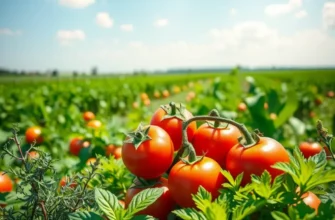 A scenic sunlit field featuring an array of organic vegetables and fruits among lush greenery.