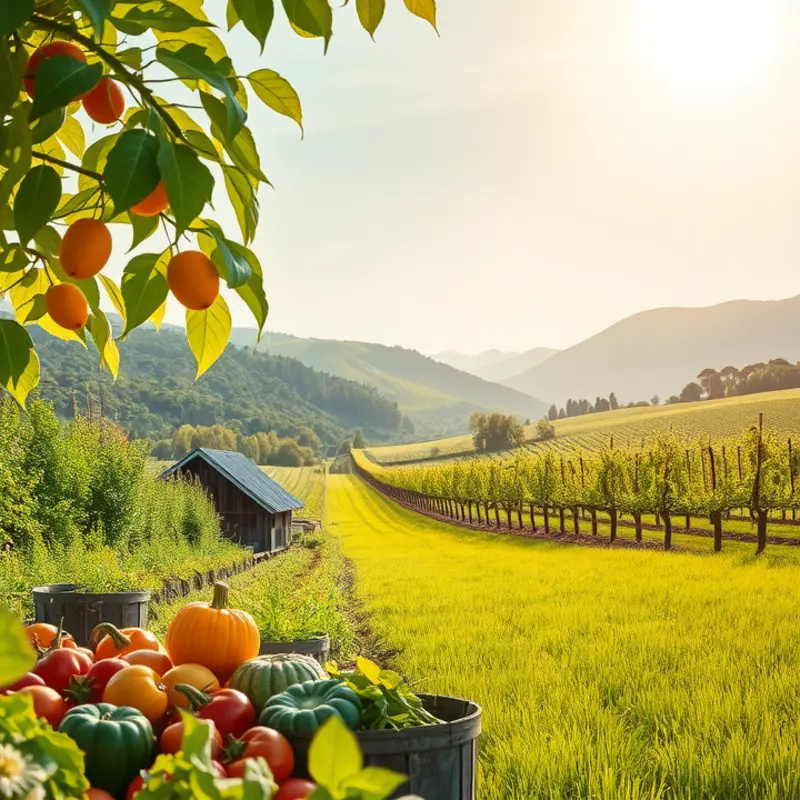 A serene landscape showcasing a sunlit field filled with vibrant organic produce.