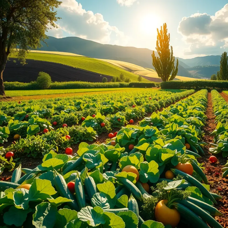 A lush field filled with organic produce under warm sunlight.