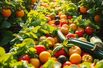 A scenic view of a sunlit field rich in organic vegetables and fruits, highlighting the abundance of nutritious produce.