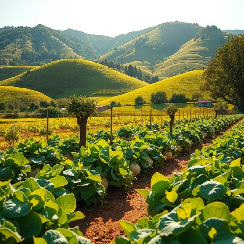 A sunlit field showcasing vibrant vegetables under warm lighting.