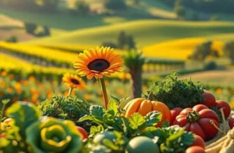 A serene sunlit landscape showcasing vibrant organic produce in a natural setting.