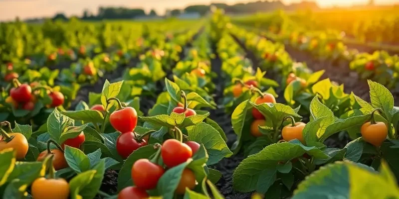 A vibrant orchard filled with an array of organic fruits and vegetables under bright sunlight, showcasing nature's bounty.