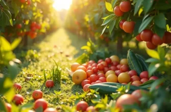 A sunlit orchard filled with vibrant fruits and vegetables, highlighting the freshness of organic nature.