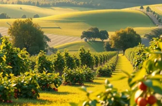A scenic landscape featuring a field of organic fruits and vegetables, emphasizing natural growth and healthy food choices.