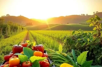 A vibrant sunlit field filled with organic fruits and vegetables surrounded by lush greenery and gentle hills.