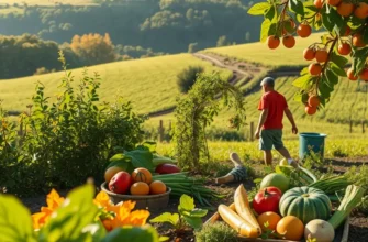 Rich landscape filled with organic fruits and vegetables growing under the sun, symbolizing healthy nutrition.