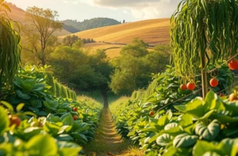 A picturesque sunlit field showcasing the freshness of organic vegetables and fruits.
