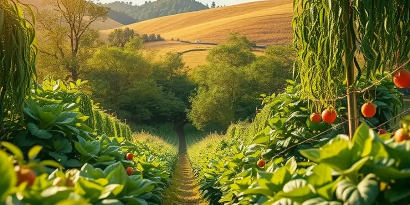A picturesque sunlit field showcasing the freshness of organic vegetables and fruits.