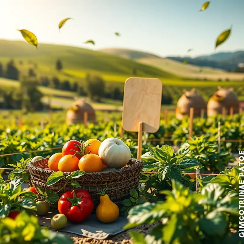 A sunlit field abundant with organic vegetables and fruits.