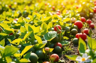 A scenic view of a sunlit field showcasing a variety of organic vegetables and fruits in a natural setting.