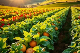 A vibrant landscape showcasing an organic garden with lush greenery and fresh produce in soft, warm lighting.