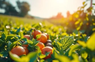 Sunlit field of vibrant vegetables and fruits surrounded by lush greenery.
