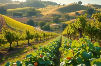 A sunlit field full of vibrant organic produce set against lush greenery.
