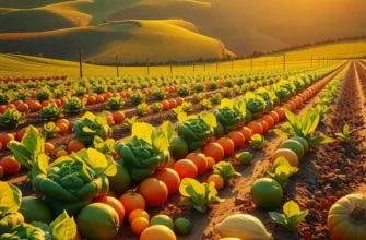 A sunlit field with vibrant fruits and vegetables, capturing the essence of healthy produce.