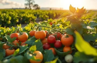 A field full of ripe fruits and vegetables illuminated by sunlight, representing the richness of natural foods.