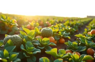 A sunlit field filled with organic vegetables and fruits surrounded by greenery.