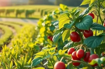 A scenic landscape featuring vibrant vegetables and fruits growing naturally in a sunlit field.