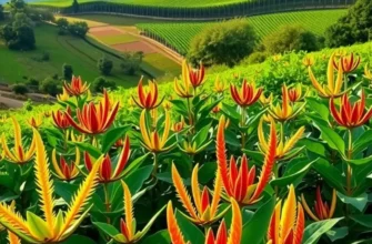 A sunlit field with blooming spices surrounded by greenery.