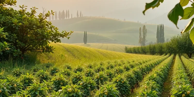 A lush green field with a variety of fresh organic produce under warm sunlight.