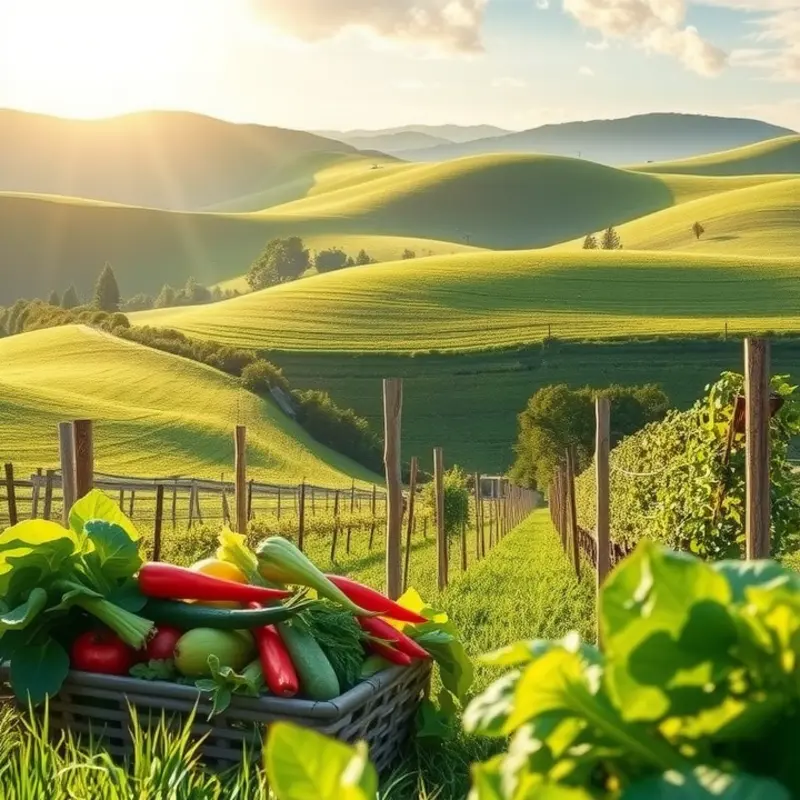 A sunlit landscape showcasing an abundance of fresh vegetables and fruits.