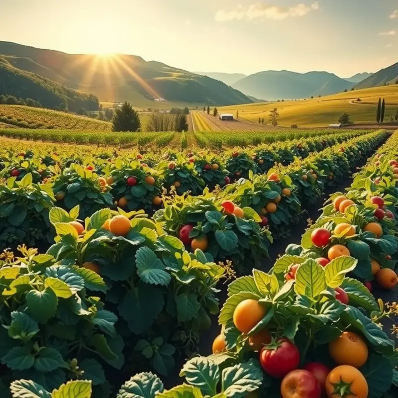 A vibrant sunlit field abundant with organic fruits and vegetables.