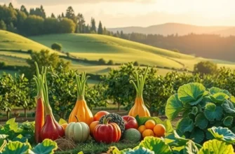 A picturesque scene with an abundance of organic fruits and vegetables in a sunlit field.