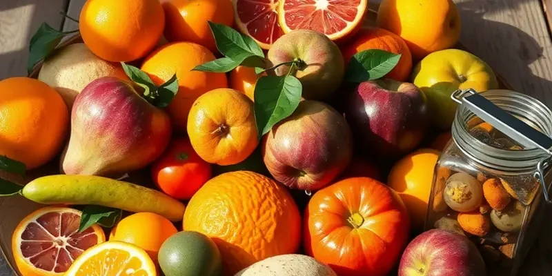 A picturesque sunlit garden showcasing a variety of colorful vegetables and fruits grown naturally.