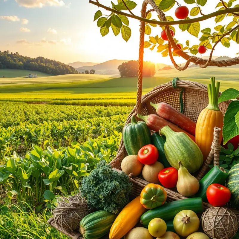 A vibrant garden showcasing fresh vegetables and fruits in a serene environment.