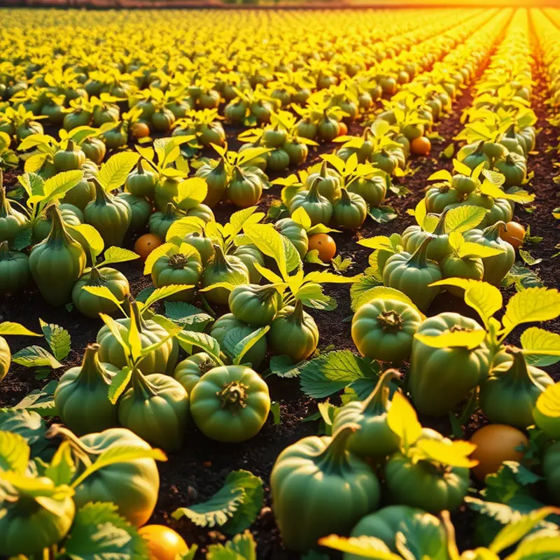 A vibrant sunlit field bursting with organic vegetables and fruits.