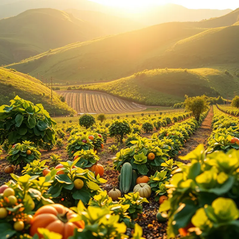 A vibrant sunlit field filled with organic produce, representing abundance and freshness.