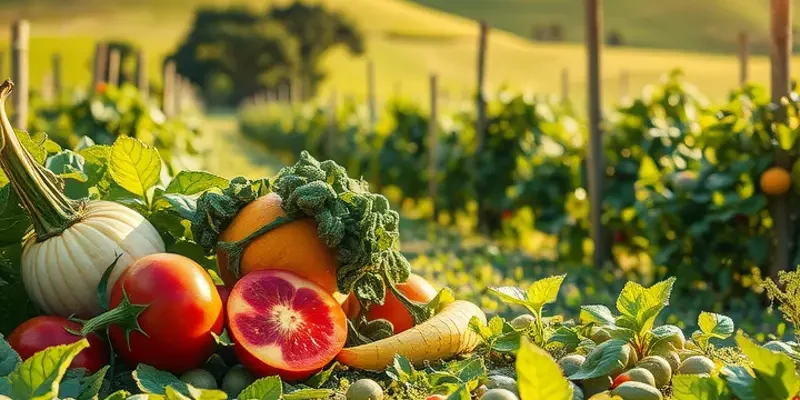A landscape featuring a sunlit field abundant with organic fruits and vegetables.