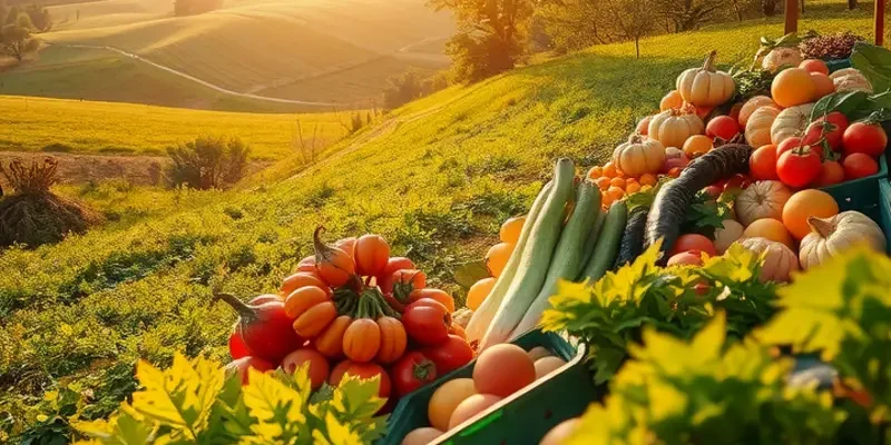A sunlit landscape filled with organic fruits and vegetables.
