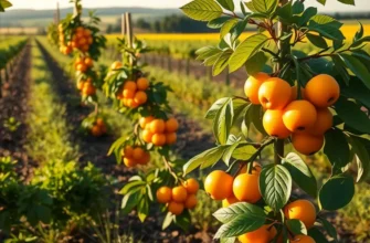 Photorealistic orchard with colorful fruits and vegetables under soft warm light, depicting a natural landscape.