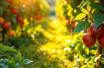 Photorealistic view of an orchard bursting with colorful fruits and vegetables, emphasizing the concept of food mindfulness.