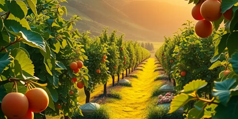 A vibrant sunlit orchard showcasing fresh fruits and vegetables, representing the connection between food and memories.