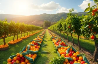 A sunlit landscape featuring an orchard filled with colorful fruits and vegetables, emphasizing the connection between nature and healthy nutrition.