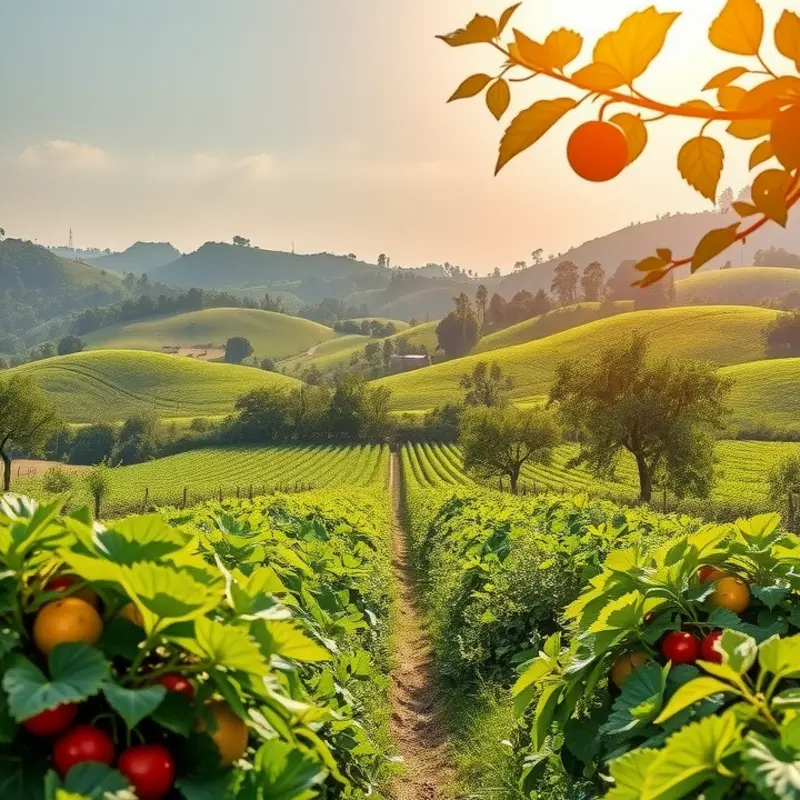 A sunlit orchard filled with fresh fruits and vegetables symbolizing proper food organization.