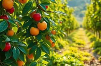 A sunlit orchard with lush greenery, vibrant fruits, and vegetables growing abundantly.