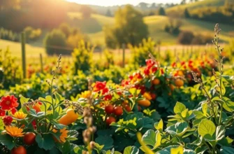 A warm, sunlit orchard rich with colorful fruits and vegetables under a clear sky.