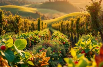 A breathtaking landscape showcasing a field of bountiful organic fruits and vegetables in natural light.