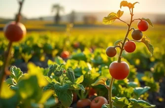 A bright field of fresh vegetables and fruits basking in sunlight, representing health and freshness.