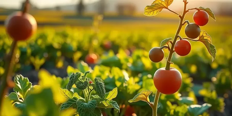 A bright field of fresh vegetables and fruits basking in sunlight, representing health and freshness.