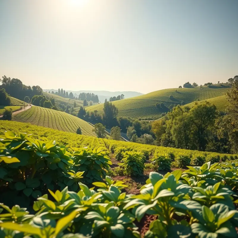 A sunlit field abundant with organic vegetables and fruits.